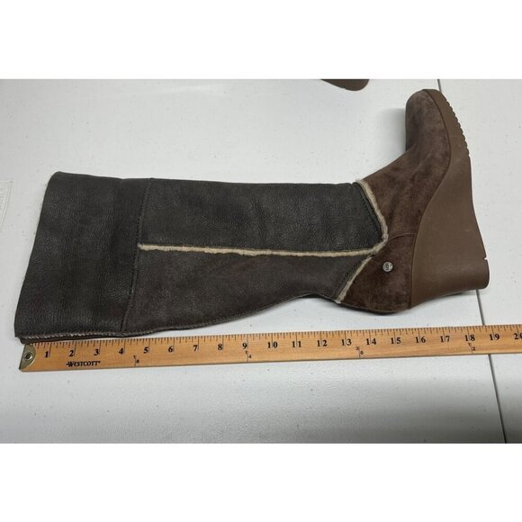 Ugg Womens 9 Tall Boots Wedge Brown Leather Shearling Fold Over 5451 Sandra - Picture 9 of 15